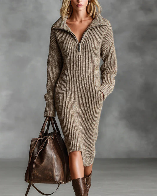 Chic Solid Color Sweater Dress with Pockets