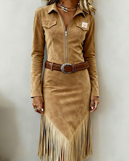 Solid Color Dress with Half-Zip and Tassel Detail