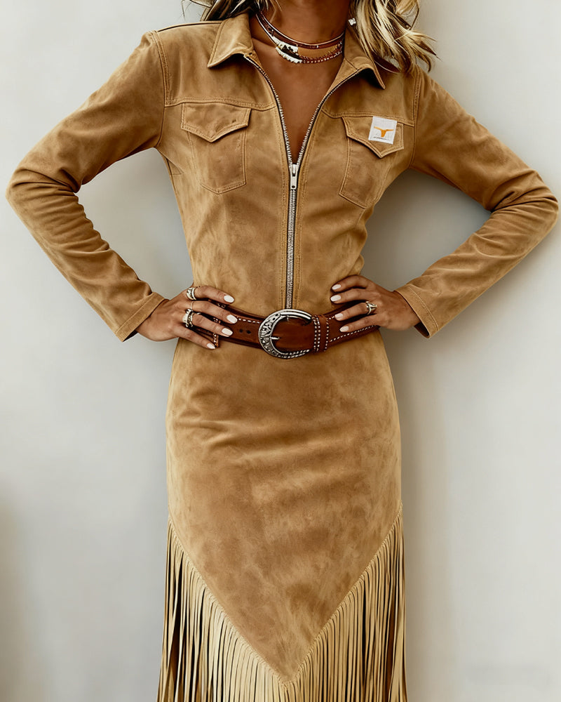 Solid Color Dress with Half-Zip and Tassel Detail