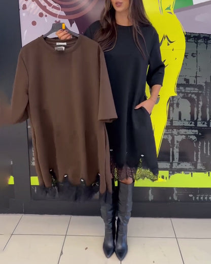 Chic Round Neck Dress with Elegant Lace Details