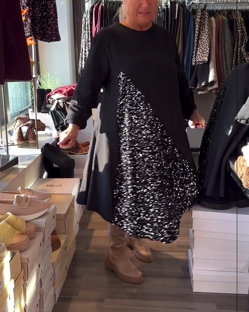 Sequin-Embellished Crew Neck Dress