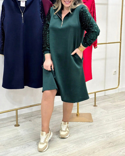 Sequin Patchwork Hooded Zipper Dress