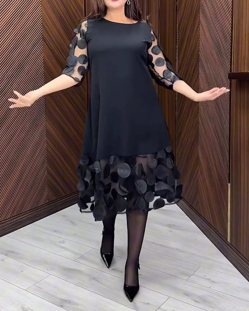 Chic Round Neck Dress with Mesh Stitching