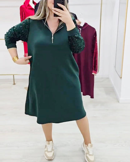 Sequin Patchwork Hooded Zipper Dress