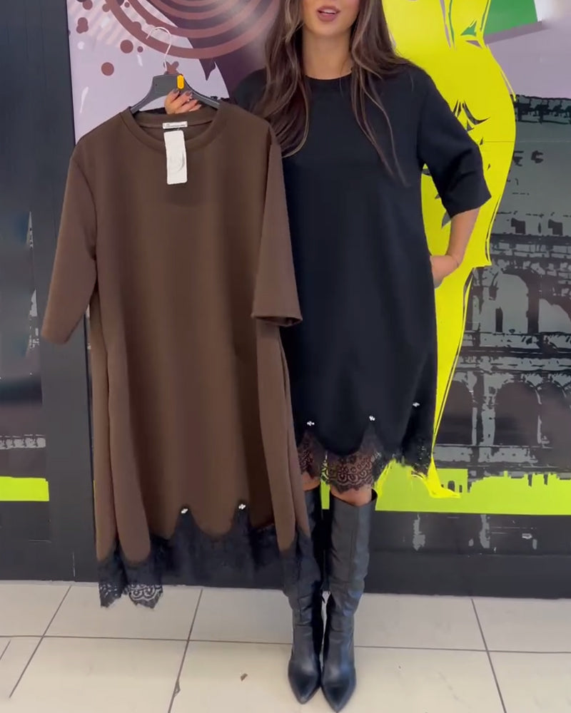 Chic Round Neck Dress with Elegant Lace Details