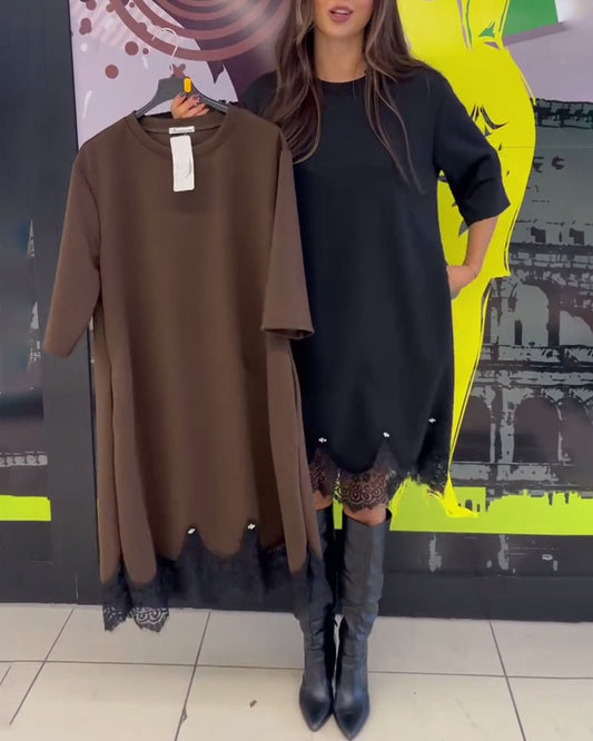 Chic Round Neck Dress with Elegant Lace Details