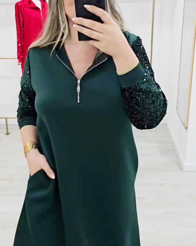 Sequin Patchwork Hooded Zipper Dress